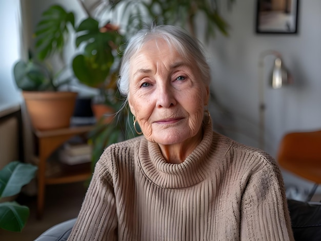 Photo indoor head shot portrait of serious positive old mature woman in casual looking at camera posing a