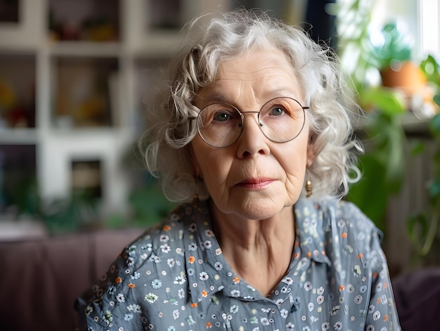 Photo indoor head shot portrait of serious positive old mature woman in casual looking at camera posing a