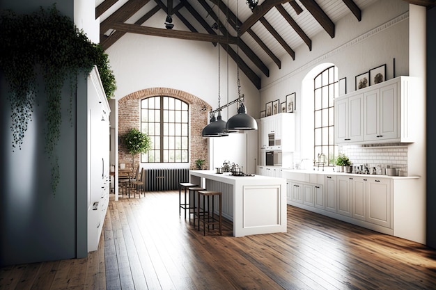 Indoor loft empty kitchen with high ceiling and stained wooden floor