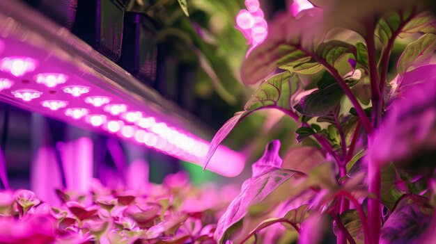 Photo indoor plants growing under pink led lights