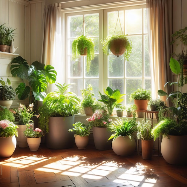 Indoor plants pots in a room near a window in sunlight