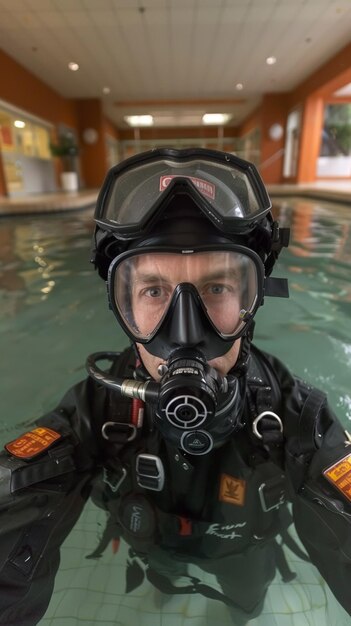 Photo indoor scuba diving training diver in full gear practicing in indoor pool