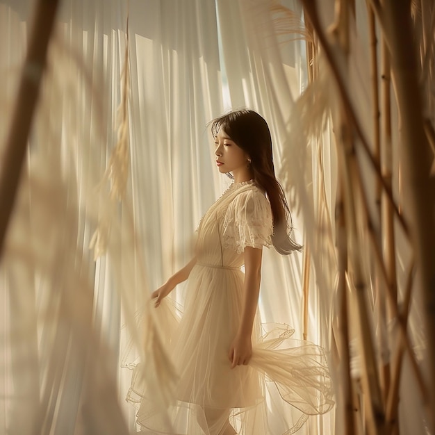 Indoor shooting an Asian woman wearing a different light tulle dress barefoot standing