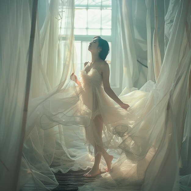 Indoor shooting an Asian woman wearing a different light tulle dress barefoot standing