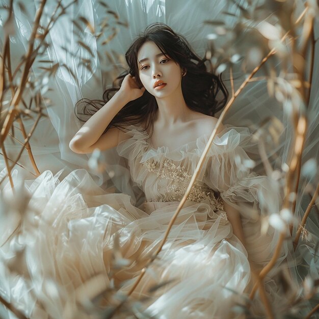 Indoor shooting an Asian woman wearing a different light tulle dress barefoot standing