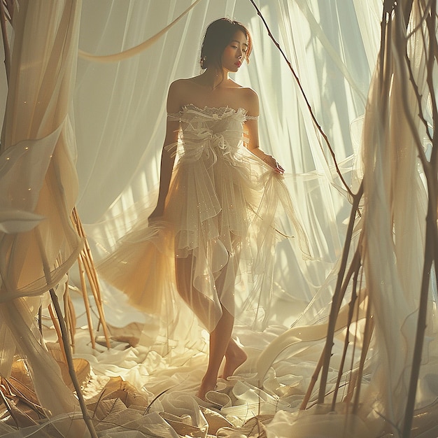 Indoor shooting an Asian woman wearing a different light tulle dress barefoot standing