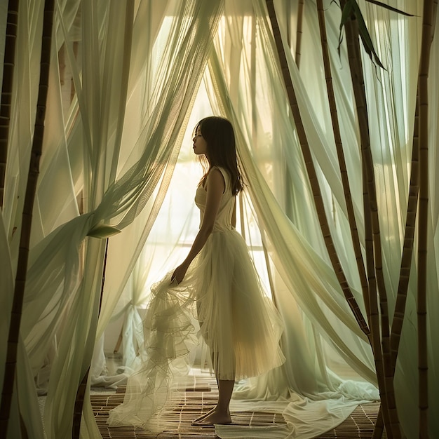 Indoor shooting an Asian woman wearing a different light tulle dress barefoot standing