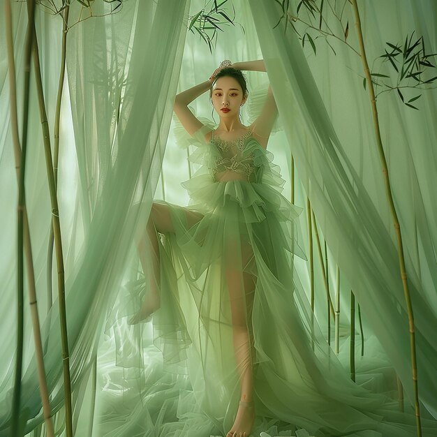 Indoor shooting an Asian woman wearing a different light tulle dress barefoot standing