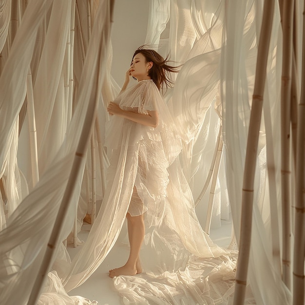 Indoor shooting an Asian woman wearing a different light tulle dress barefoot standing