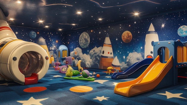 Photo indoor spacethemed playground with rocket and slide