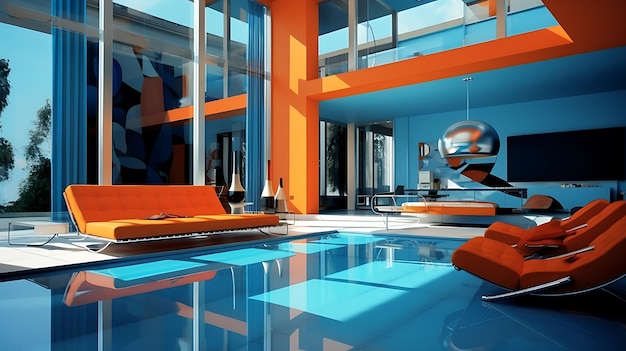 indoor swimming pool in an orange house Generative AI