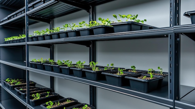 Photo indoor vertical garden with seedlings growing on shelves in a controlled environment