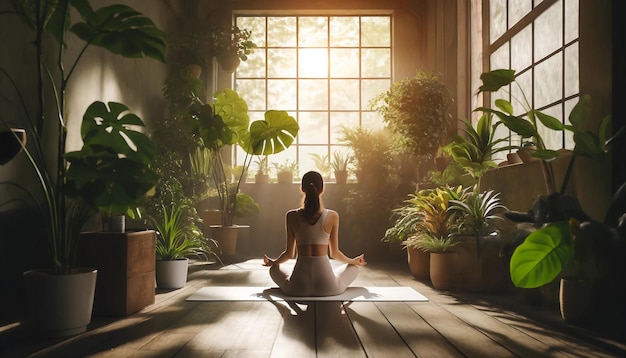 Indoor Yoga Bliss Amidst Sunlit Greenery