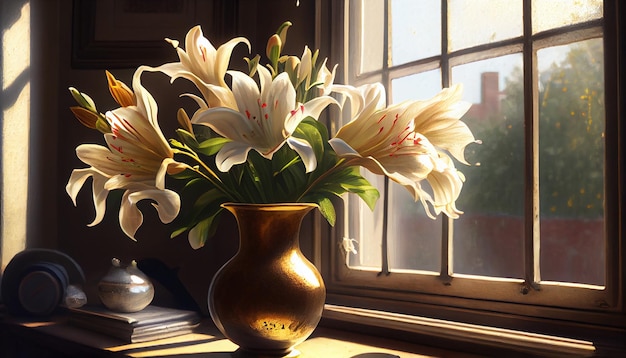 Indoors elegance flower pot on table by window generative AI