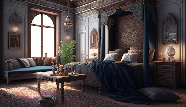 Indulge in the beauty and richness of Turkish design with a bedroom that showcases intricate patterns luxurious textiles and ornate accents Generated by AI