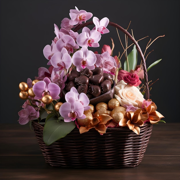 Indulge in chocolates and orchids in a lovely basket