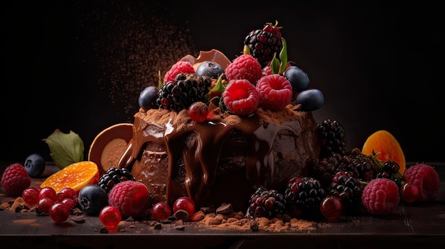 Indulge in a fruity chocolate dessert that packs an explosion of flavor Captured in a food photography style on a dark backdrop Generative AI