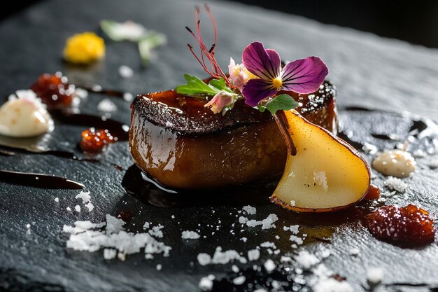 Photo indulge in a gourmet foie gras dish enhanced with a rich red wine reduction for fine dining experiences