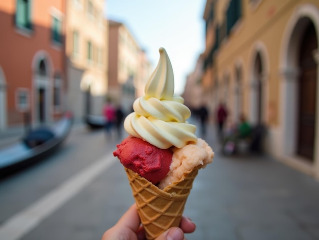 Photo indulge in heavenly gelato and ice cream in waffle cones while exploring venice italy