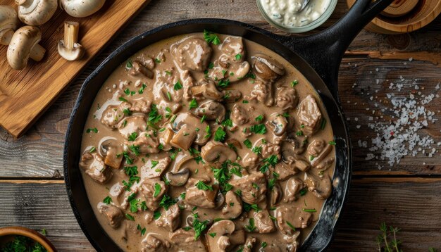 Photo indulge in the irresistible aroma and visual appeal of beef stroganoff with veal strips porcini