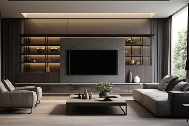 Indulge in the sleek and stylish atmosphere of a gray living room interior with a captivating TV set