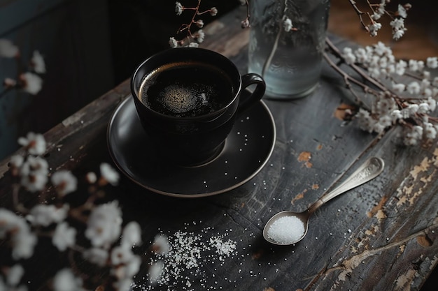 Photo indulgent caramel latte with whipped cream and drizzle in a glass mug on rustic wooden coaster