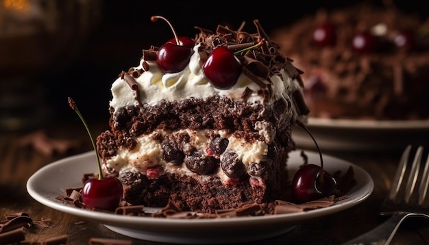 Indulgent chocolate berry cheesecake with whipped cream decoration generated by AI