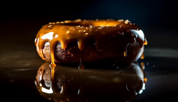 Indulgent chocolate donut on wooden plate temptation generated by artificial intelligence