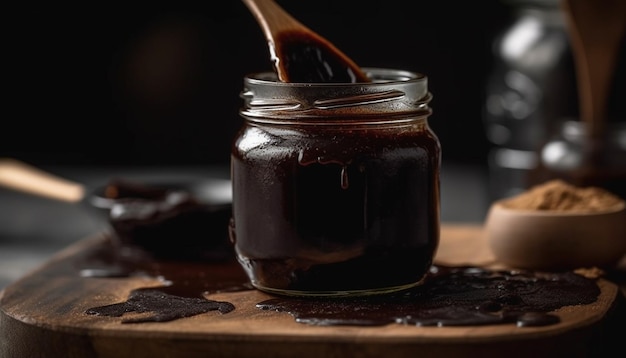 Indulgent dark chocolate brownie on rustic table generated by AI