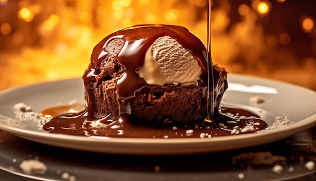 Photo indulgent dessert chocolate cake with melting ice cream generated by ai