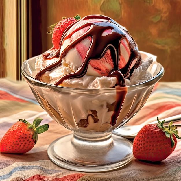 Indulgent Dessert with Chocolate Sauce and Fresh Strawberries Generative AI