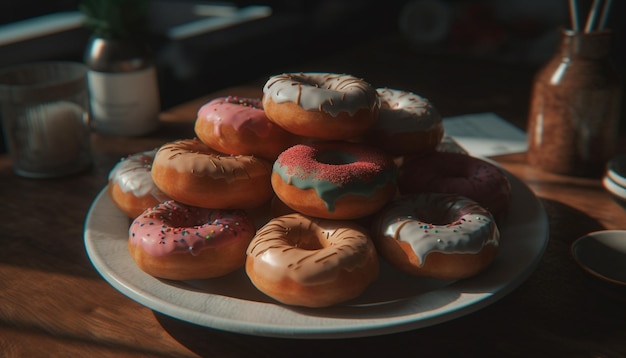 Indulgent donut plate tempting sweet snack variation generated by AI