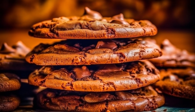 Indulgent homemade chocolate chip cookies stacked on rustic wooden table generated by artificial intelligence