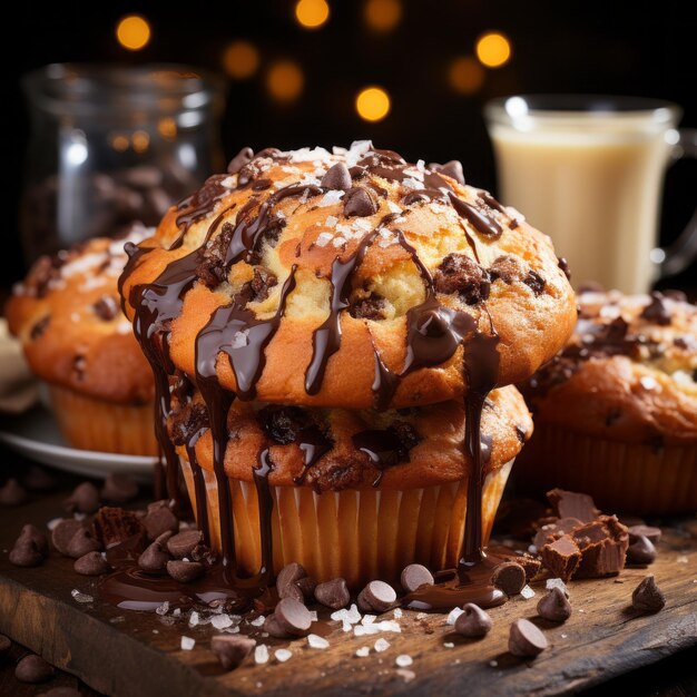 Indulgent homemade chocolate chip muffin on rustic wood table