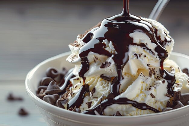 Photo indulgent ice cream sundae with chocolate sauce drizzle