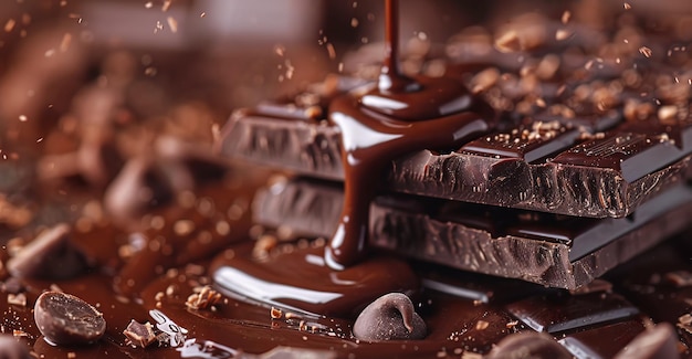 An indulgent image featuring stack dark chocolate pieces melted chocolate being poured over them