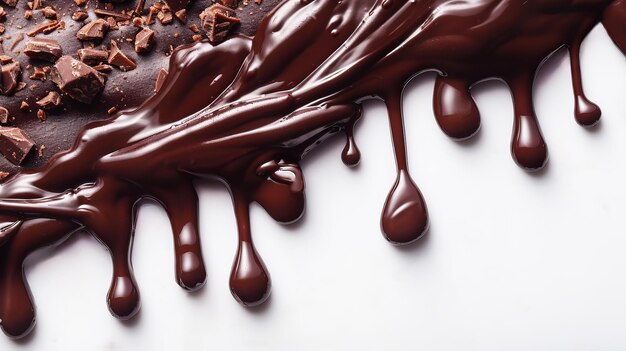 An indulgent image featuring stack dark chocolate pieces melted chocolate being poured over them