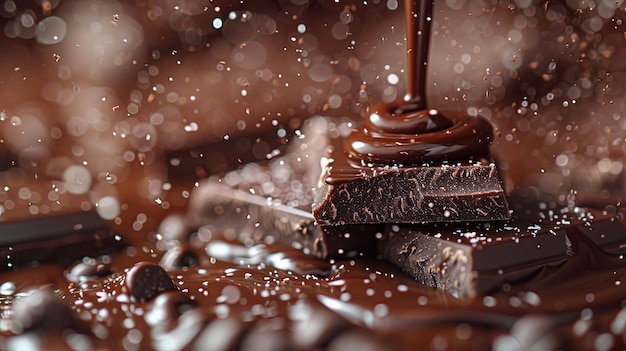 An indulgent image featuring stack dark chocolate pieces melted chocolate being poured over them