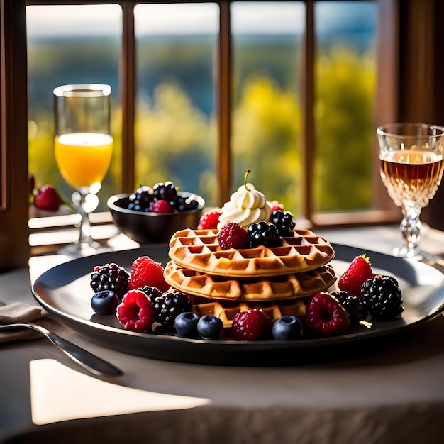 Indulgent Morning Treat Perfectly Crafted Waffle Stack with Mixed Berry Compote and Creamy Topping