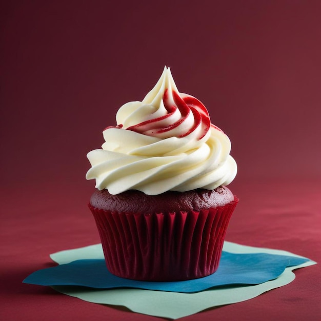 Indulgent Red Velvet Cupcake with Creamy Topping Against a Rich Red Background for a Luxe Dessert