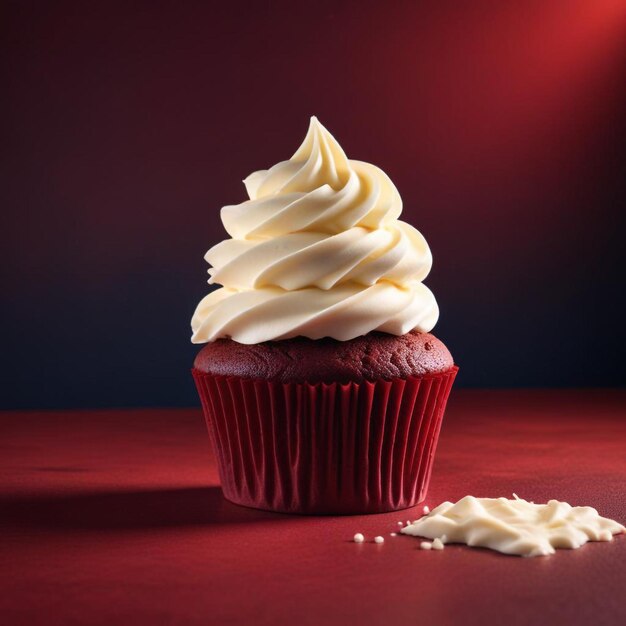 Indulgent Red Velvet Cupcake with Creamy Topping Against a Rich Red Background for a Luxe Dessert