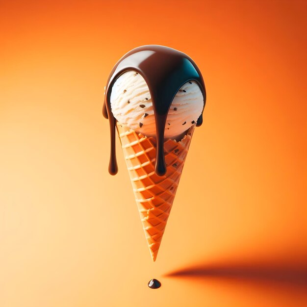 Indulgent Vanilla Ice Cream Cone with Dripping Chocolate Sauce