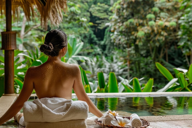 Photo indulgent wellness retreats set amidst lush tropic generative ai