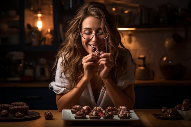 Indulging in Bliss A Beautiful Young Woman's Chocolate Delight in the Kitchen