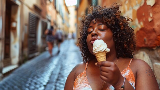 Indulging in Summer Bliss Woman Enjoying Ice Cream in Charming European Street