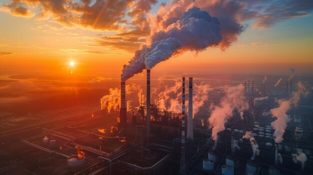 Industrial air pollution from factory chimneys at sunset