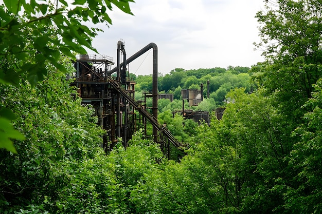 An industrial area engulfed by nature with overgrown plants and trees reclaiming the once bustling