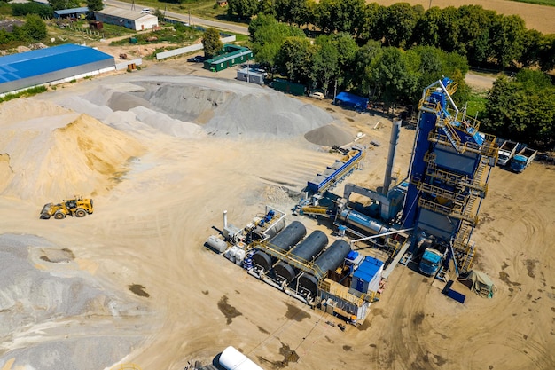 An industrial asphalt plant Asphalt mixture Harmful production A mixture of bitumen and gravel a mix machine Aerial view