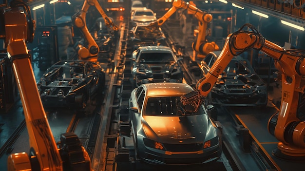 Photo industrial automotive manufacturing plant with robots assembling cars in a factory setting