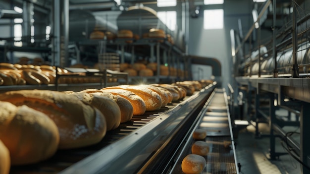 Photo industrial bakery production line with fresh loaves of bread on conveyor belts